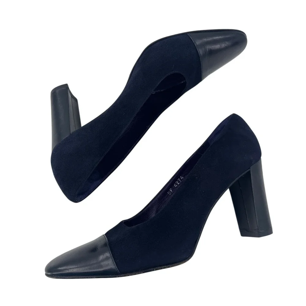 Ralph Lauren Purple Label Pumps 8 Navy Suede Leather Cap Toe Block Heels